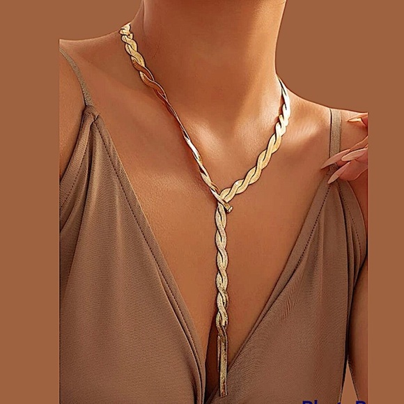 Y Lariat Gold Plated Twisted Herringbone Adjustable Resizable Necklace - Picture 2 of 6